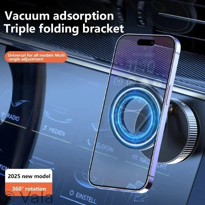 Phone holder with vacuum adsorption and triple folding bracket on car dashboard