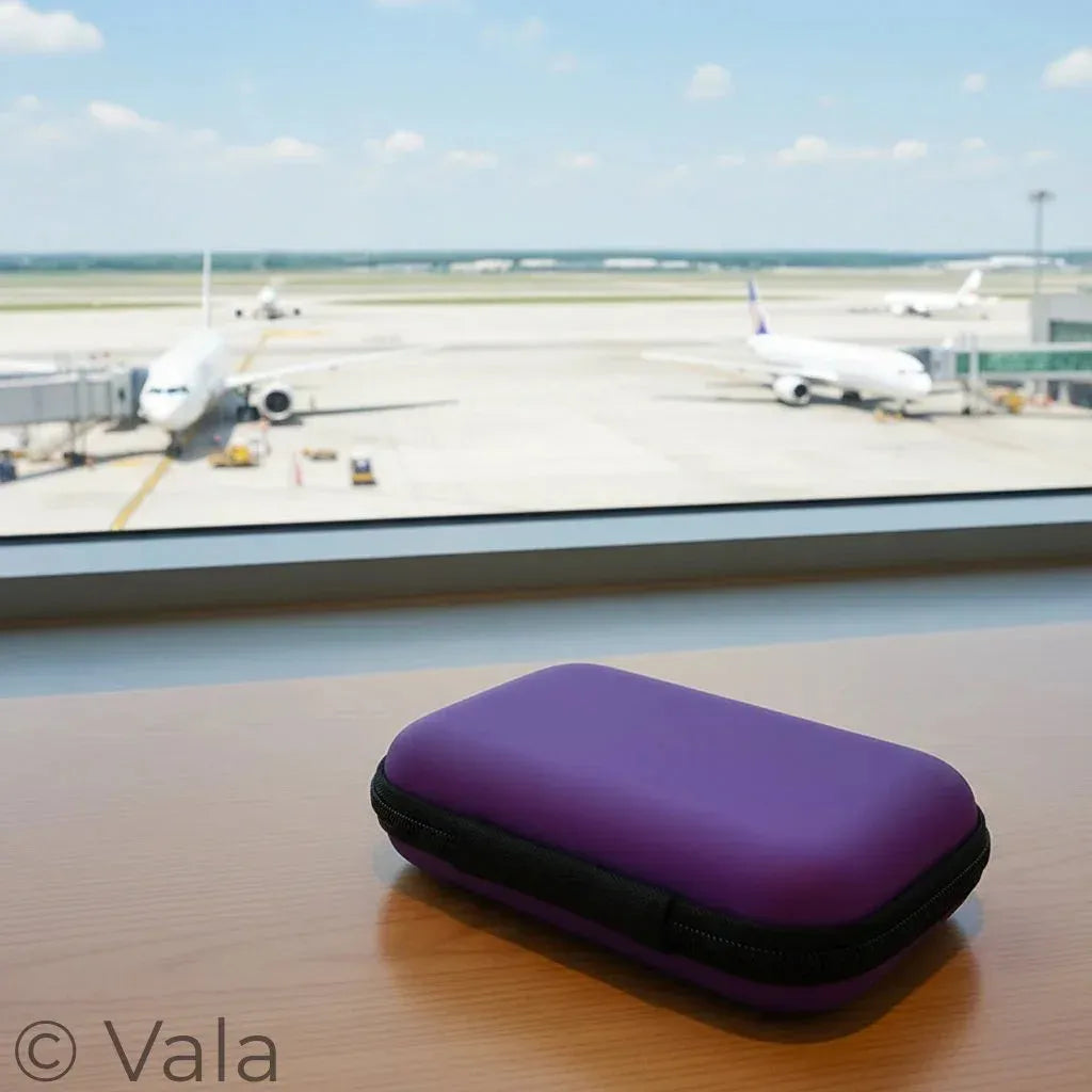 Purple hard-shell case with black zipper on a beige background