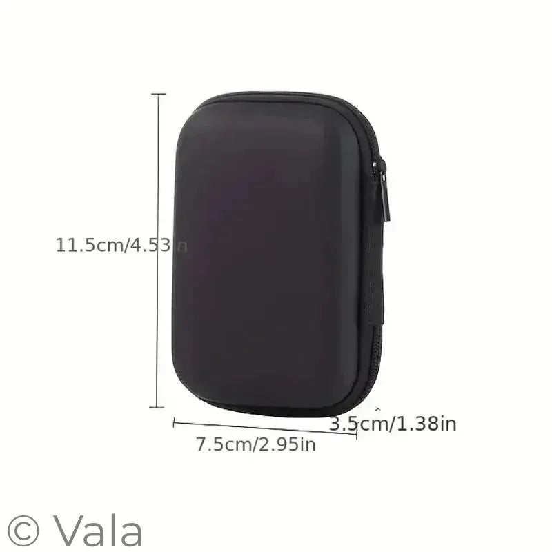 Black hard-shell travel case with measurements on a white background