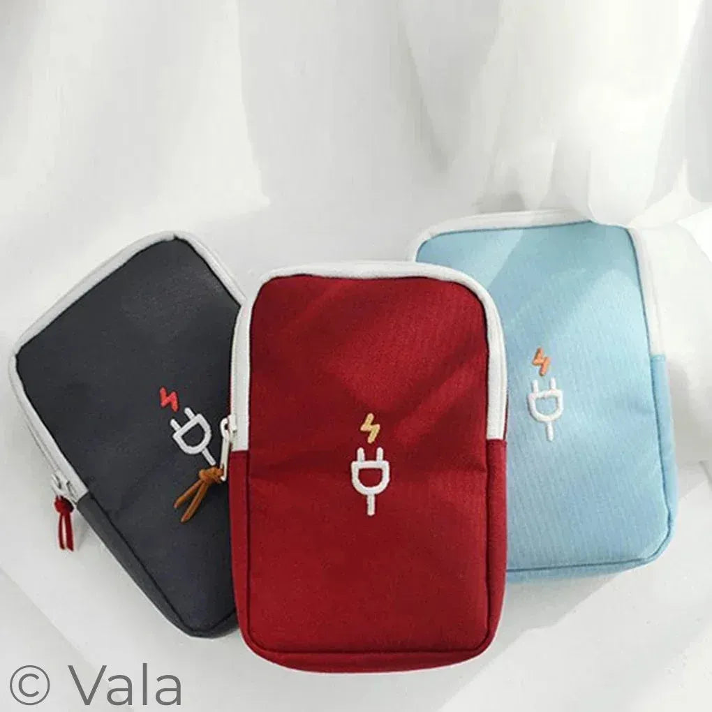 Three pouches in black, red, and blue with icons on a white background, branded 'Decency'.