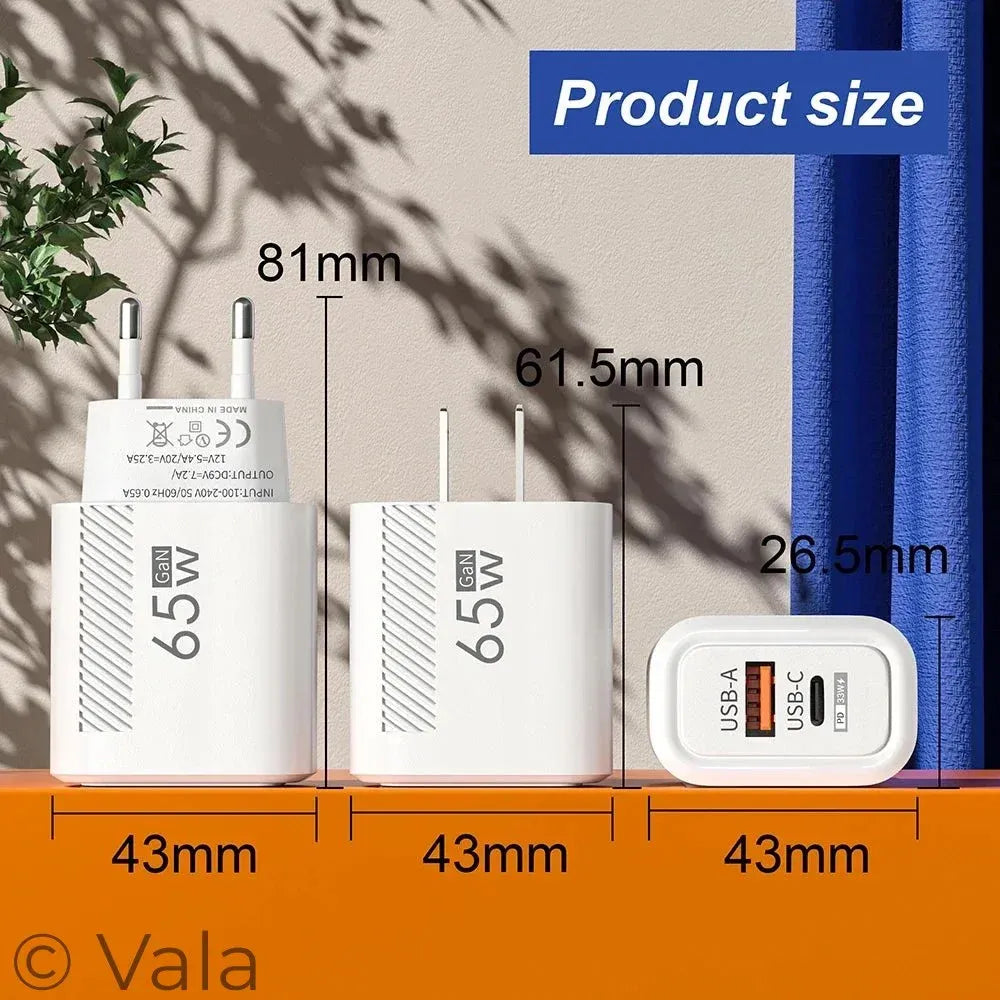 White power adapter with USB-C and USB-A ports, labeled '65W', on a wooden surface with measurements indicated.