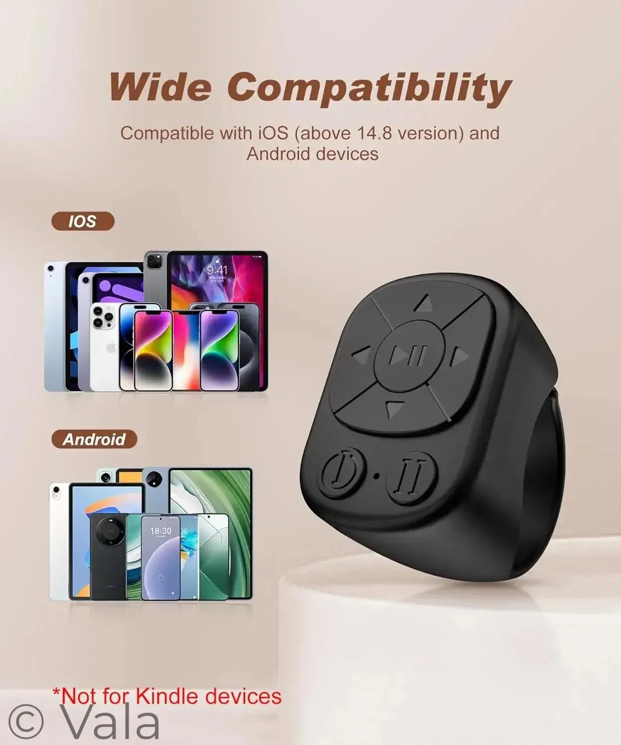 Black remote control with compatibility text for iOS and Android devices on a beige background