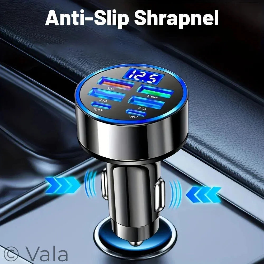 Car charger with digital display and anti-slip shrapnel text on a car interior background