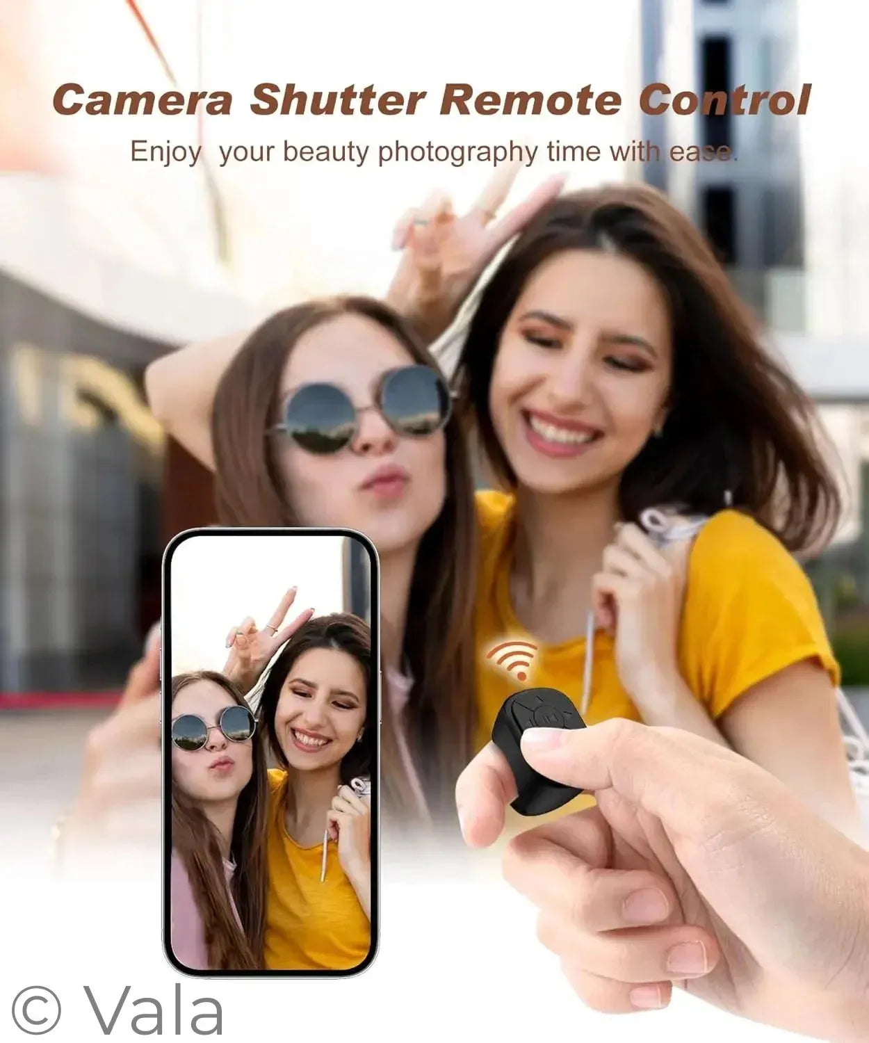 Camera shutter remote control with two women taking a selfie and a smartphone displaying the photo.