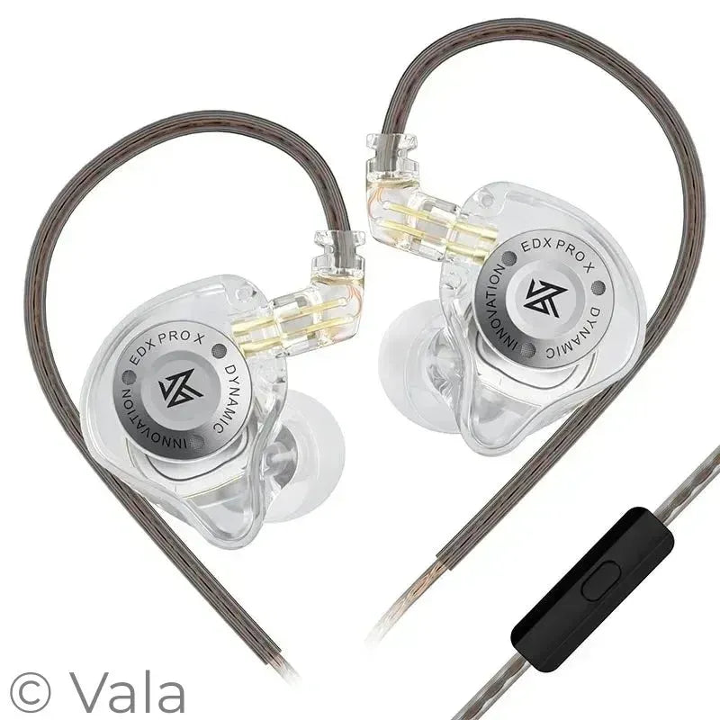 Pair of in-ear headphones with clear casings and visible brand logo on a white background