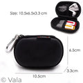 Black neoprene earplug storage case with a carabiner clip, shown closed with dimensions labeled 10.5 x 6.