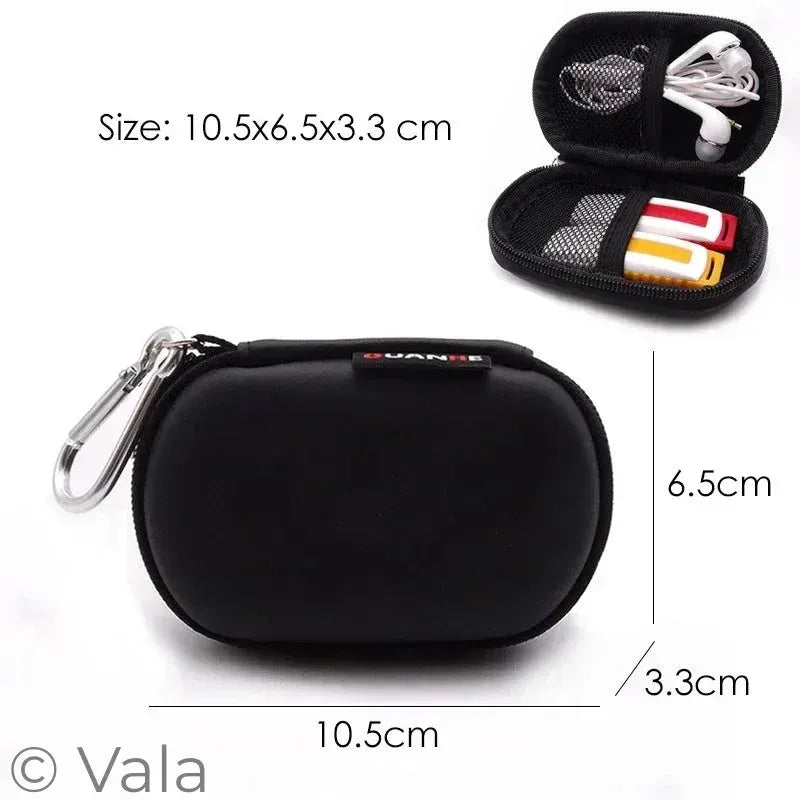 Black neoprene earplug storage case with a carabiner clip, shown closed with dimensions labeled 10.5 x 6.