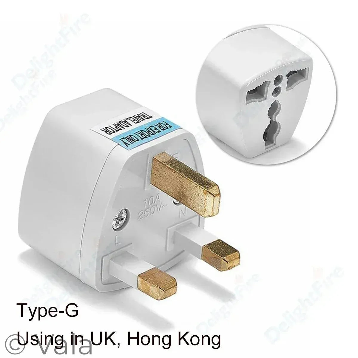 White plug adapter with gold contacts on a white background