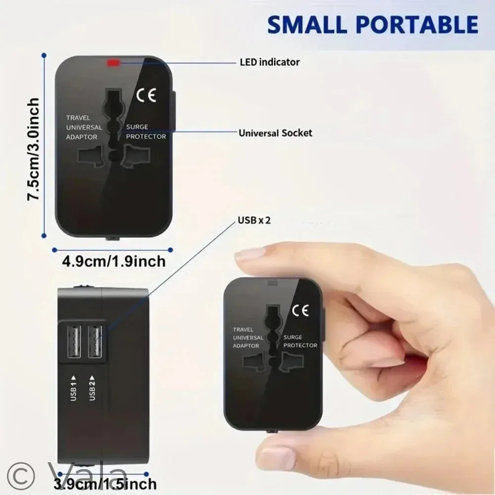 Small portable travel adapter with dimensions and features labeled, held by a hand.