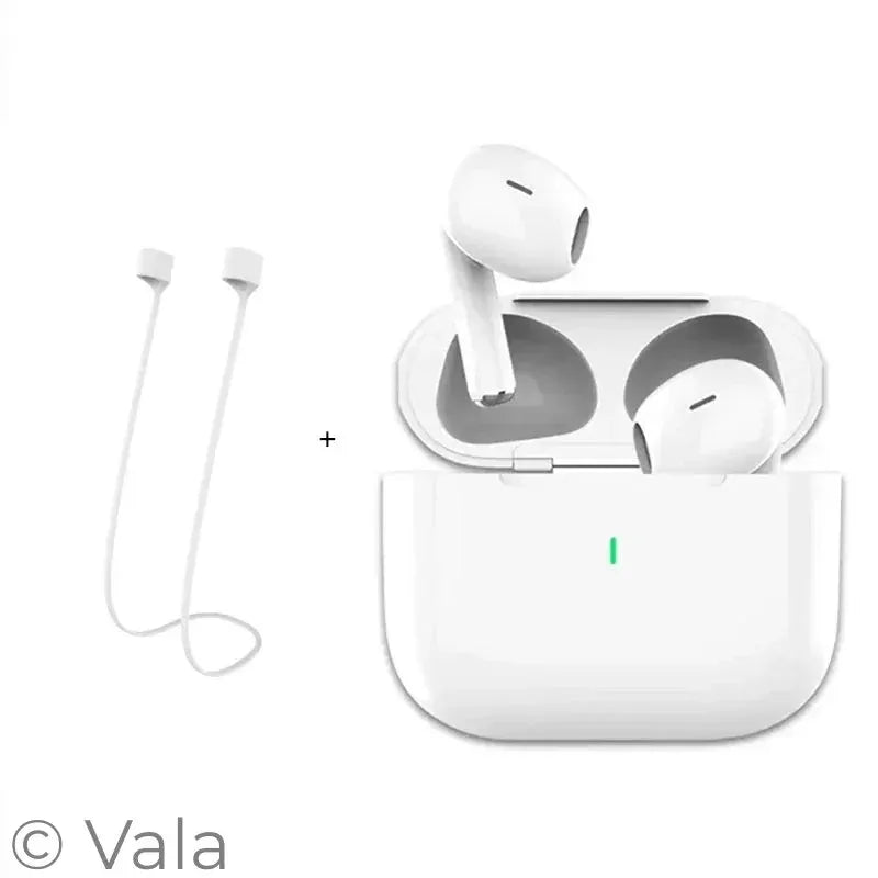 White wireless earbuds with charging case on a white background