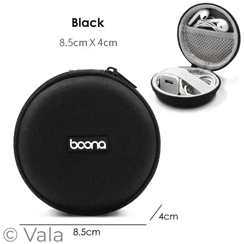Black round earbud case with 'boona' branding, showing open view with earbuds, dimensions displayed.