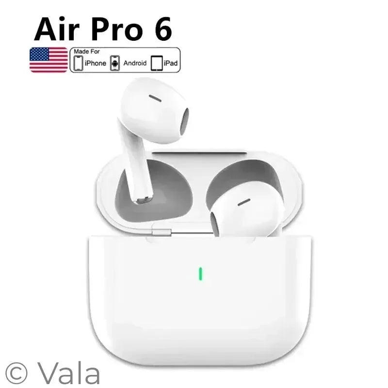 White wireless earbuds with charging case on a white background, labeled 'Air Pro 6'.