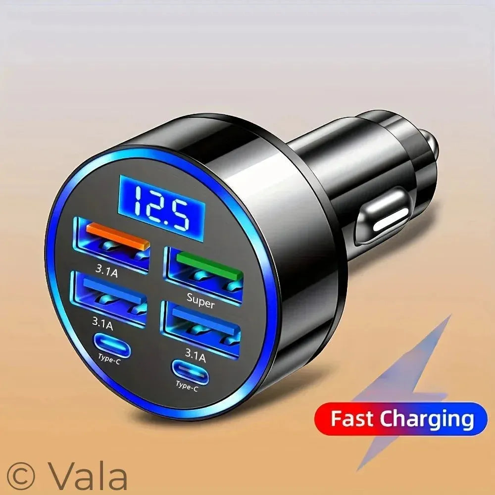 6-Port Car Charger – Dual USB-C & Live Voltage Display