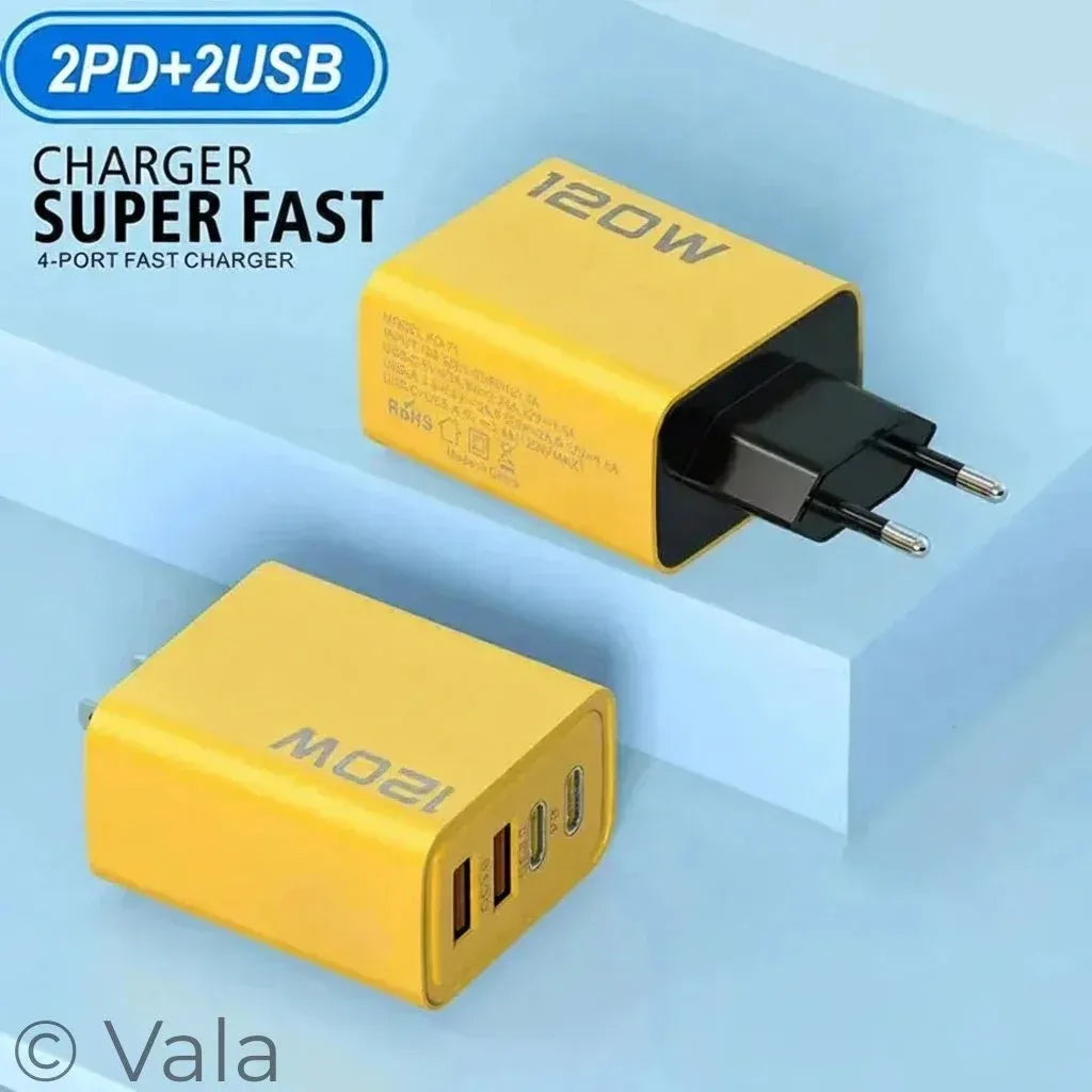 Yellow 120W charger with 2 PD and 2 USB ports on a light blue background