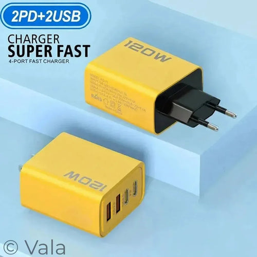 Yellow 120W charger with 2 PD and 2 USB ports on a light blue background