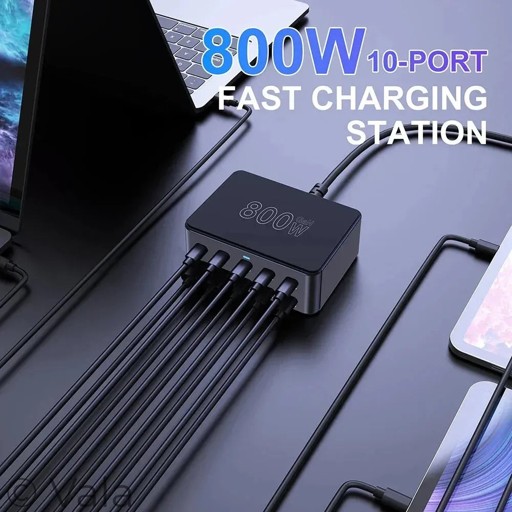 800W GaN 10-Port USB-C PD Fast Charger | 100W Desktop Charging Station