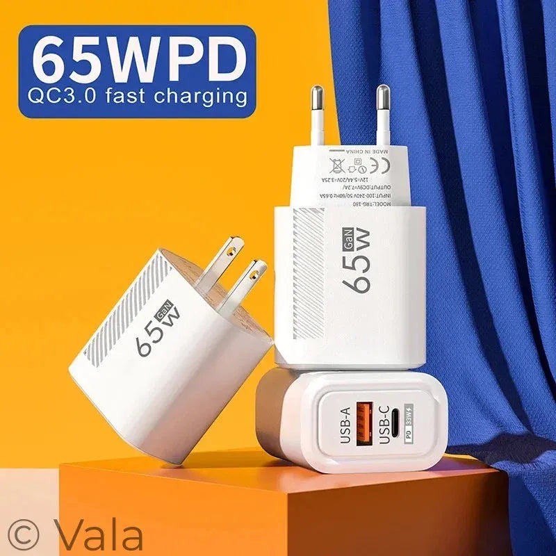65W PD fast charging adapter with QC3.0 on an orange and blue background