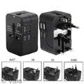 Black travel adapter with multiple plug types on a white background