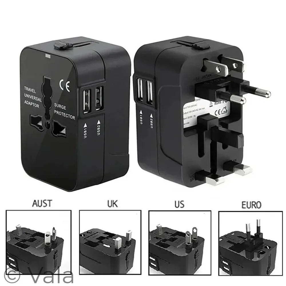 Black travel adapter with multiple plug types on a white background