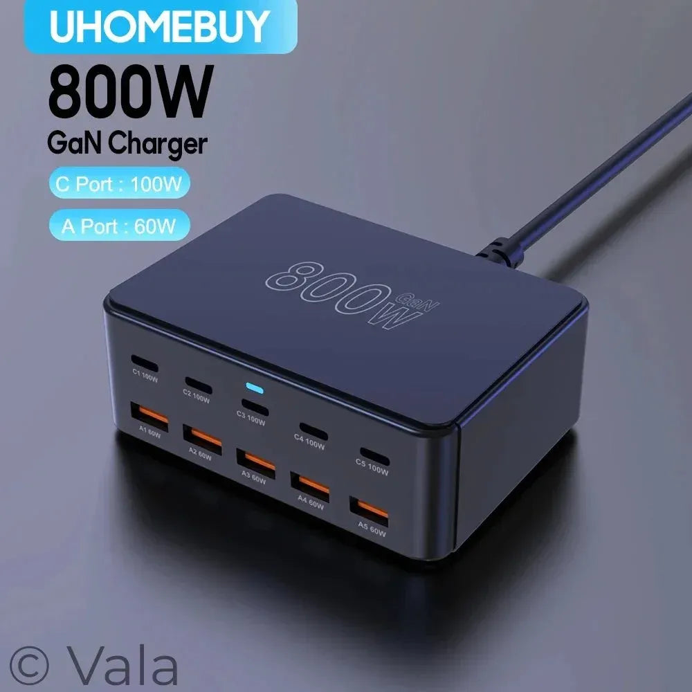 800W GaN 10-Port USB-C PD Fast Charger | 100W Desktop Charging Station