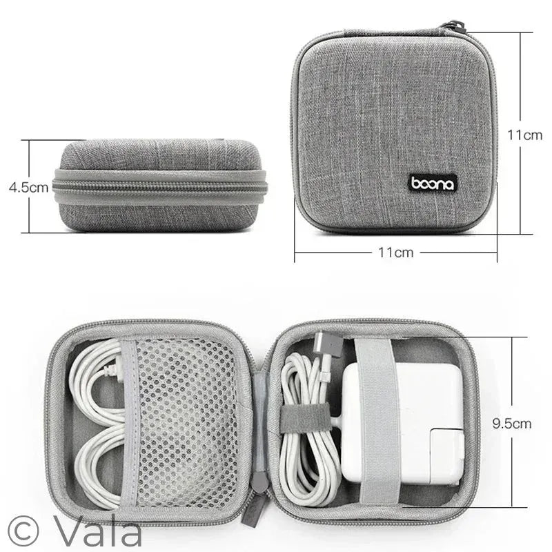 Gray travel case with boona branding, containing electronic accessories, and measurements displayed.