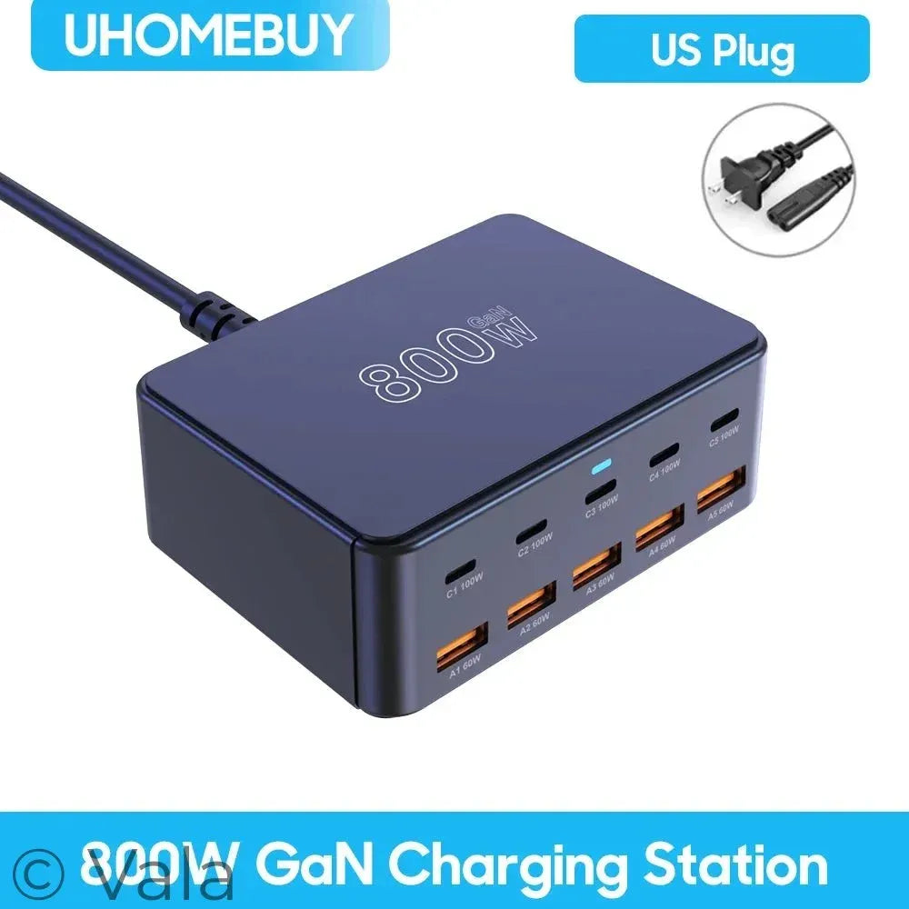 800W GaN 10-Port USB-C PD Fast Charger | 100W Desktop Charging Station