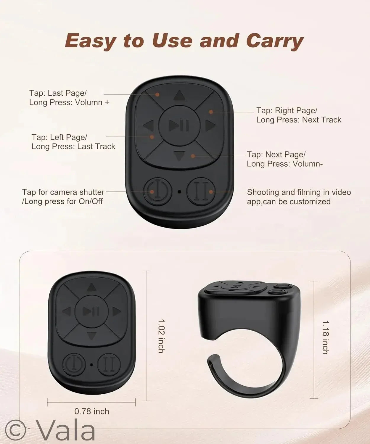 Black remote control with buttons and a ring, featuring text on usage and dimensions.
