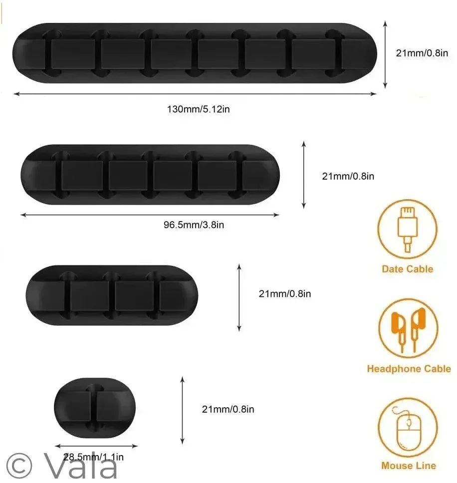 Black cable organizers with measurements and icons indicating their use for date cable, headphone cable, and mouse line.