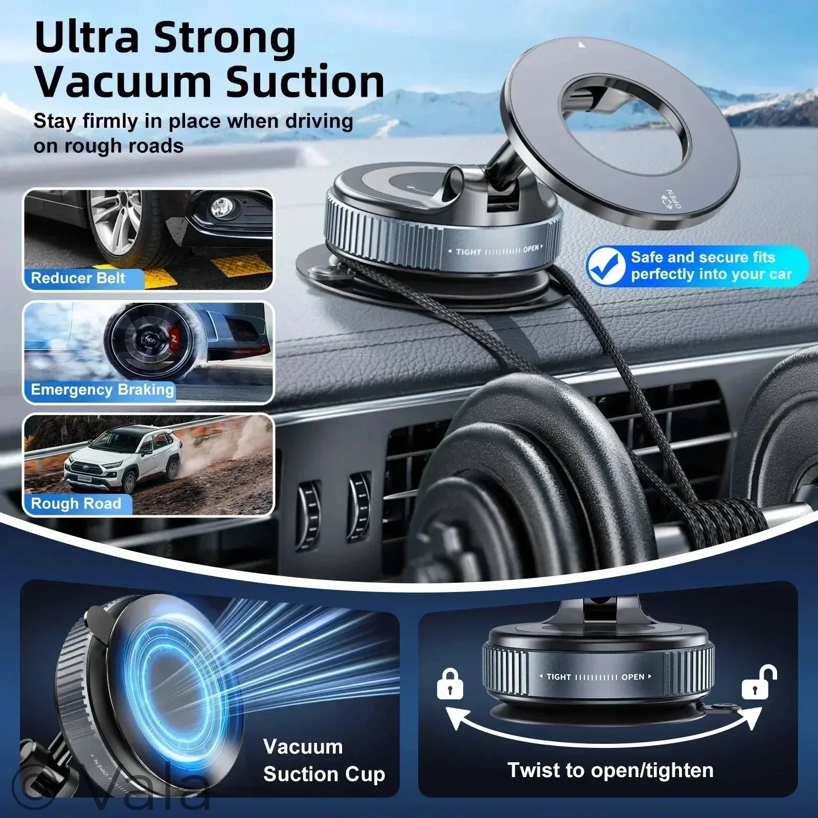 Car dashboard with a vacuum suction cup mount and features highlighted.