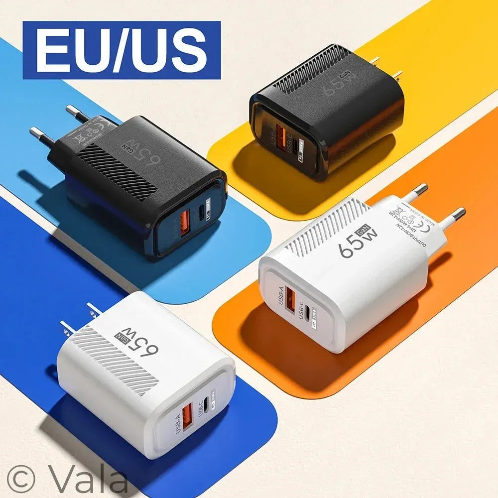Four USB-C wall adapters on a colorful background with 'EU/US' label.