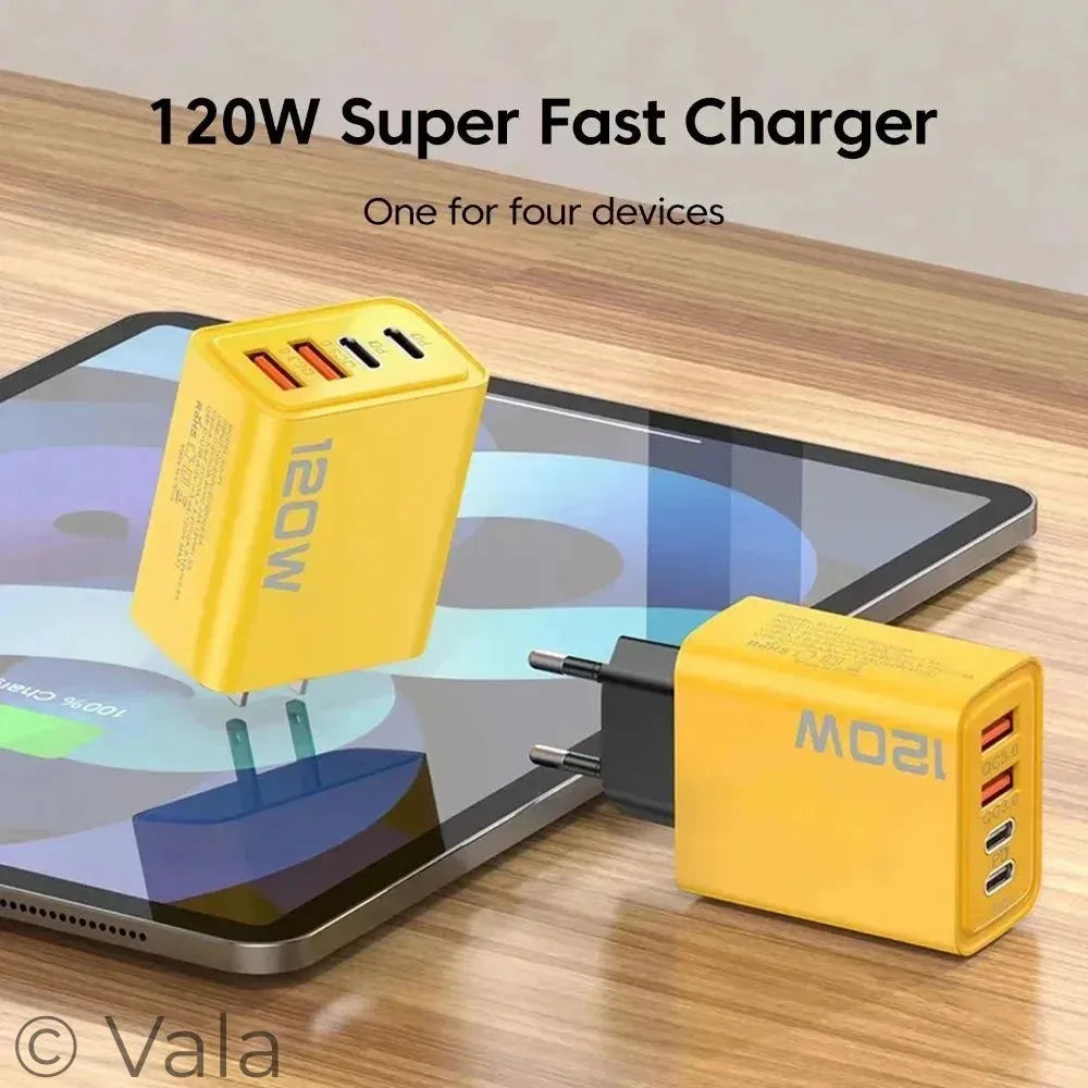Yellow 120W super fast charger with multiple ports on a wooden surface.