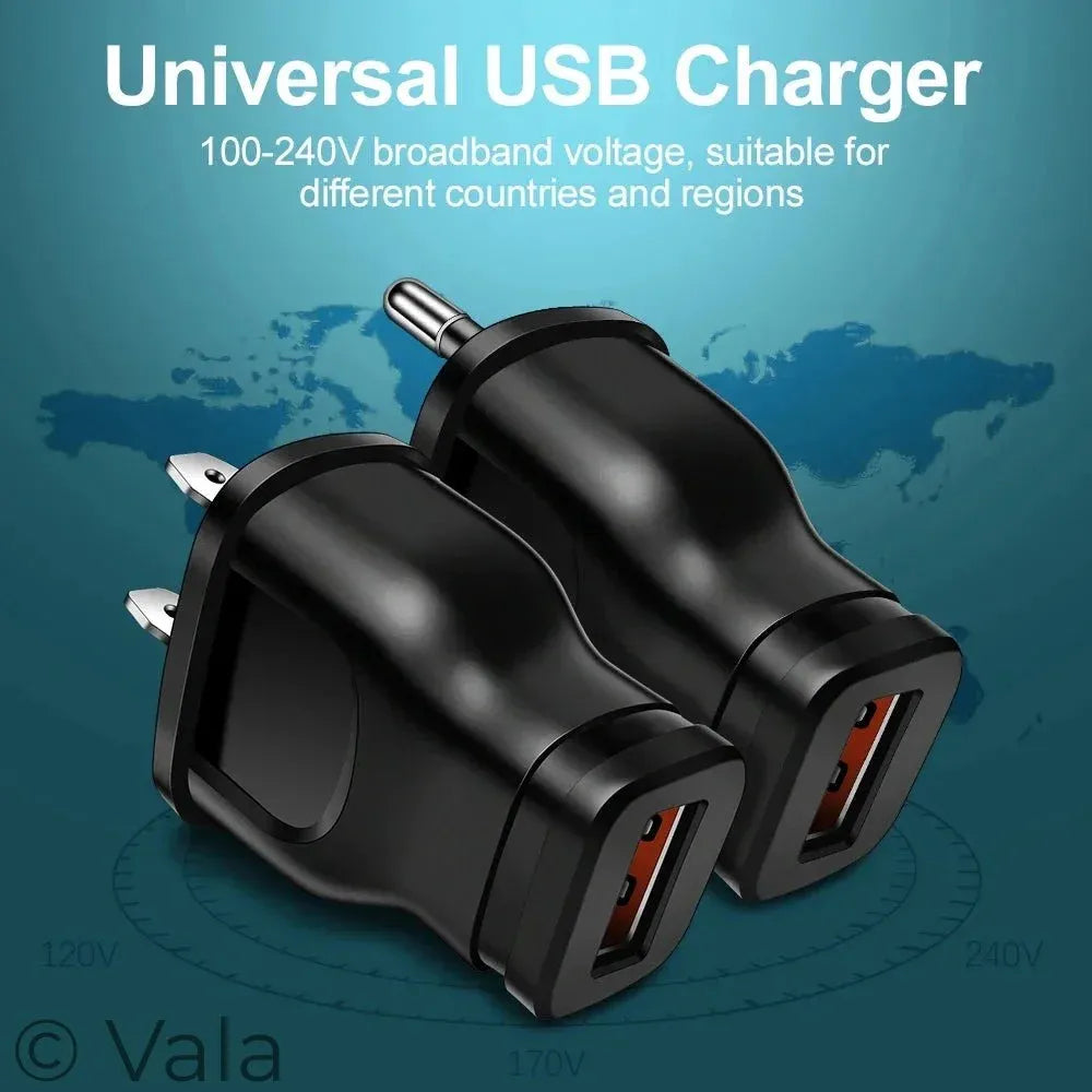 Two black universal USB chargers with different plug types shown on a blue world-map background with text reading 'Universal USB Charger' and '100-240V broadband voltage, suitable for different countries and regions'.