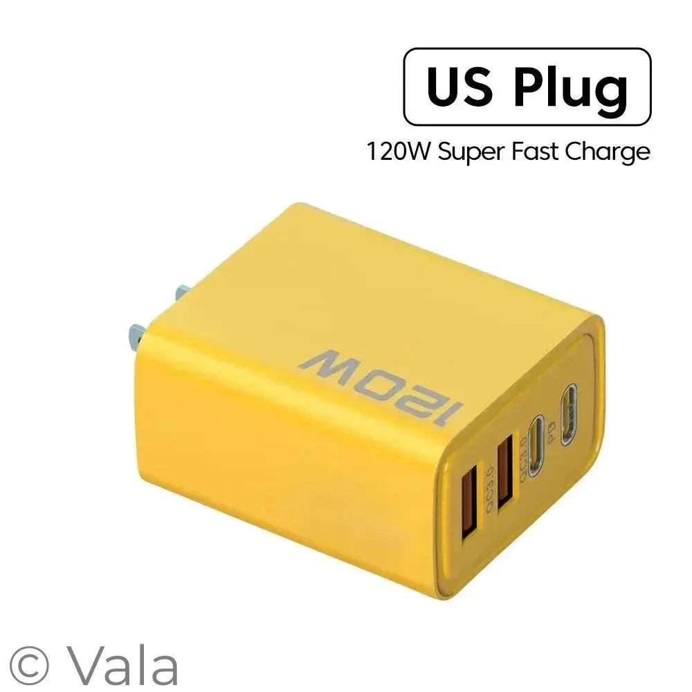 Yellow 120W charging adapter with US plug on a white background