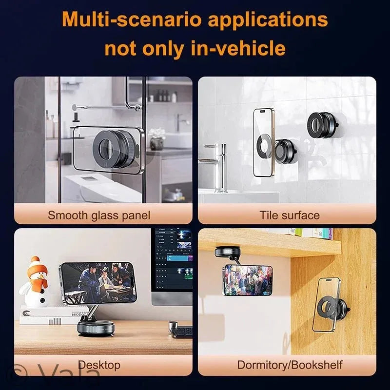 Multifunctional phone holder with applications on glass, tile, desktop, and bookshelf.