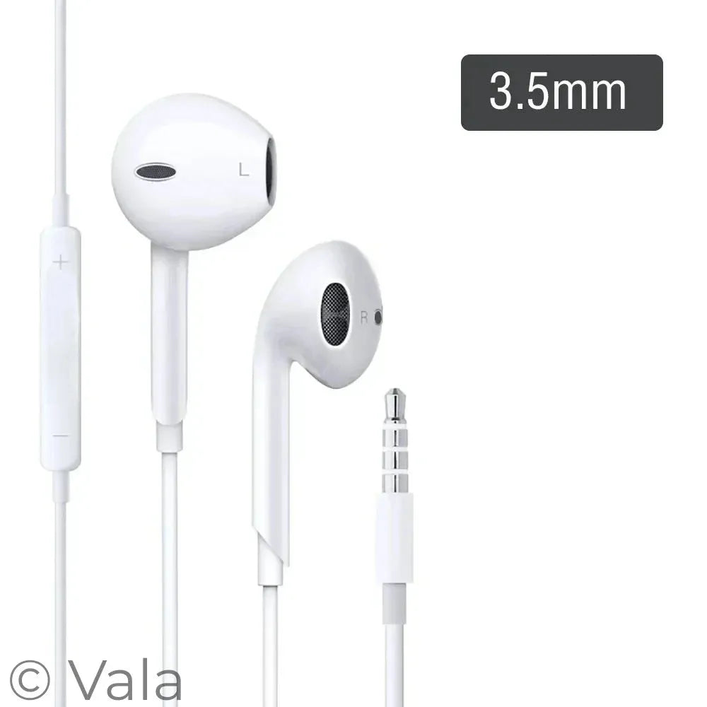 White wired in-ear earphones with a 3.5mm jack, inline control module, and ear tips labeled L and R, shown on a white background with a dark gray '3.