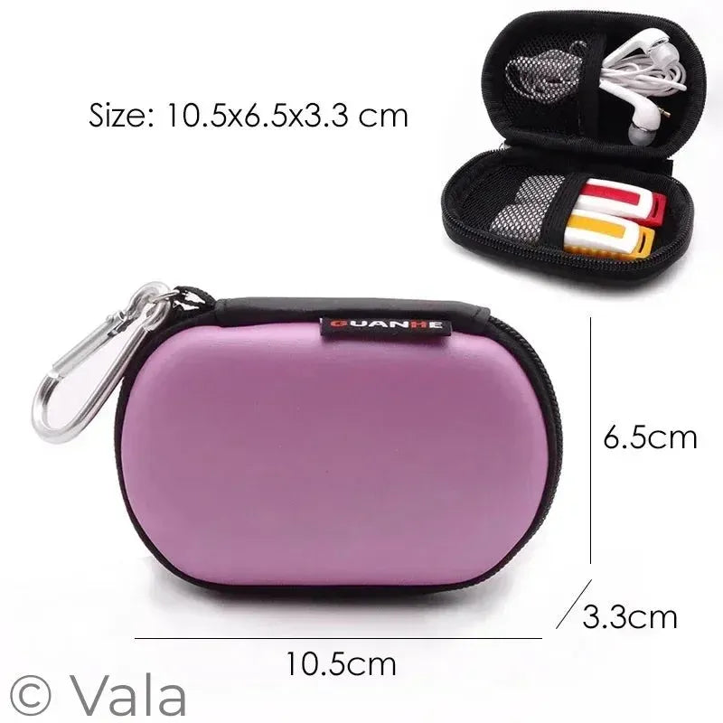 A purple hard-shell zippered carrying case with a silver carabiner clip, shown closed with dimension labels and a smaller inset showing it open with earphones inside. Text reads size 10.