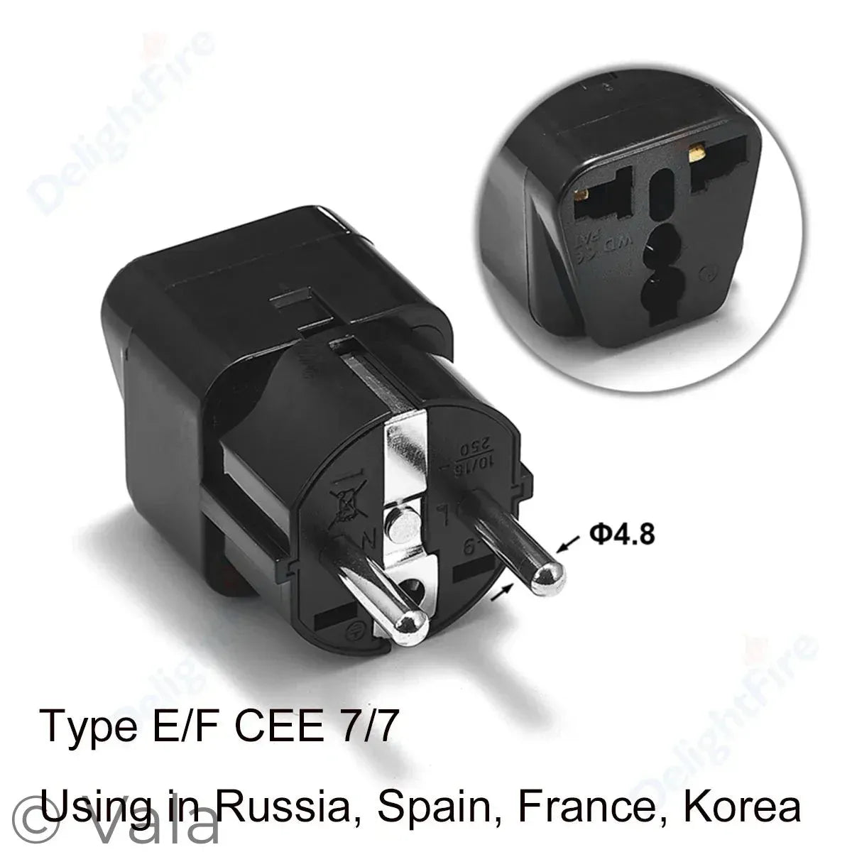 Black plug with detailed view and text indicating compatibility in Russia, Spain, France, and Korea.