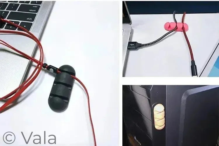 Collage of a cable tie with red and black cord, used to secure a laptop and monitor.