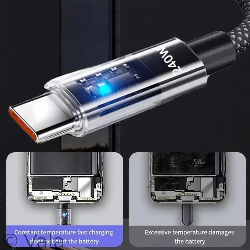Close-up of a USB cable with a clear section showing internal components on a dark background.