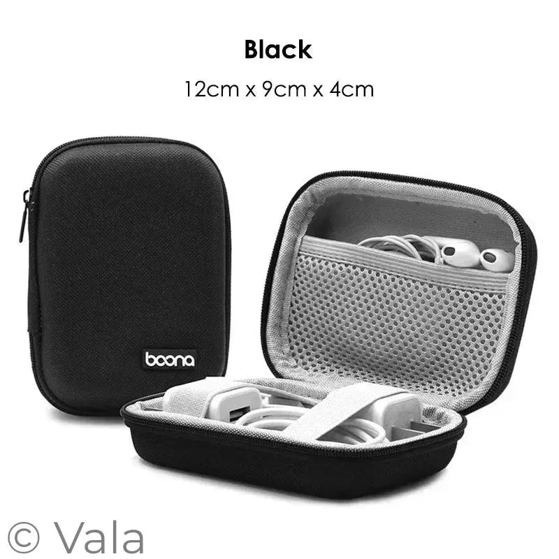 Black carrying case with earbuds, showing dimensions and brand name 'boona'.
