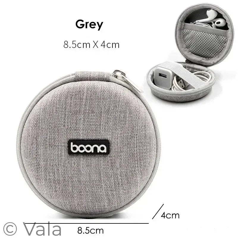 Gray earbud case with boona logo and measurements on a white background