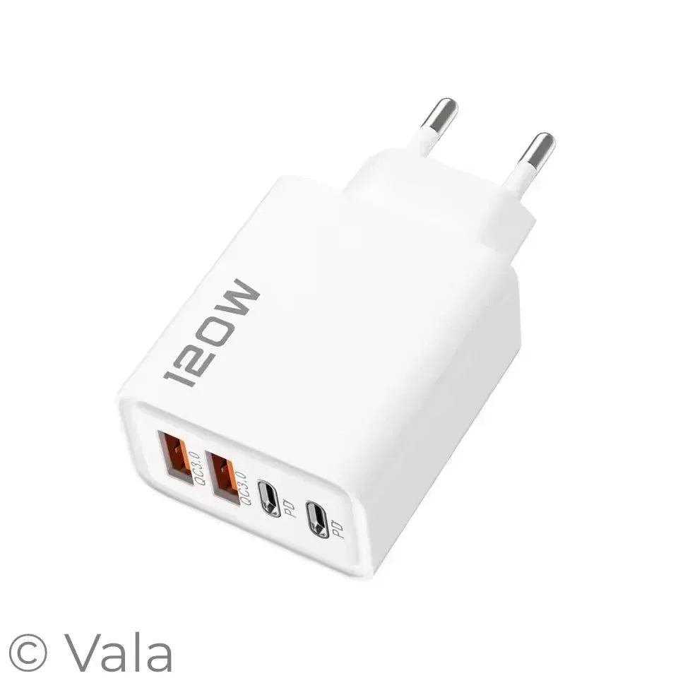 White power adapter with multiple USB ports on a white background