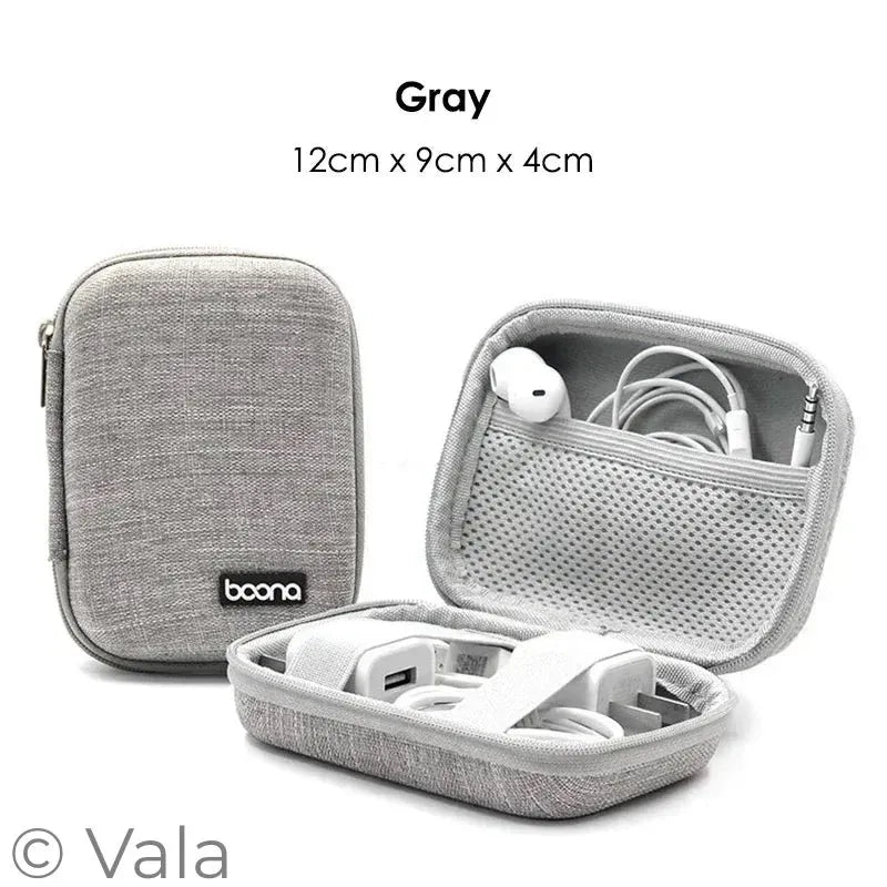 Gray travel case with compartments for electronic devices on a white background