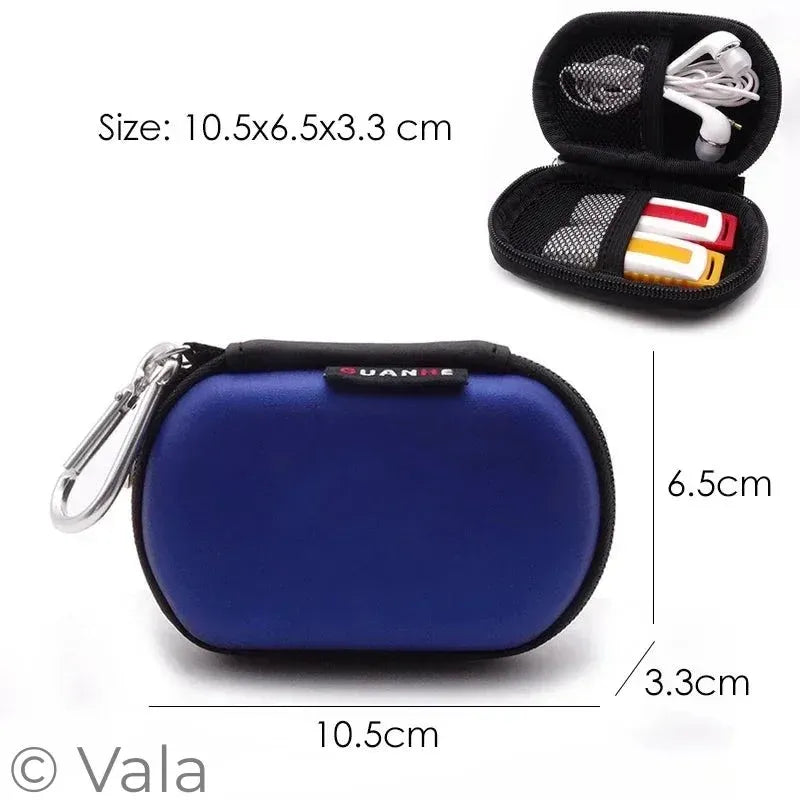 Blue hard case with black trim and a silver carabiner clip, shown closed with dimension labels and also open in the upper right to display earphones and storage compartments. Text indicates size 10.