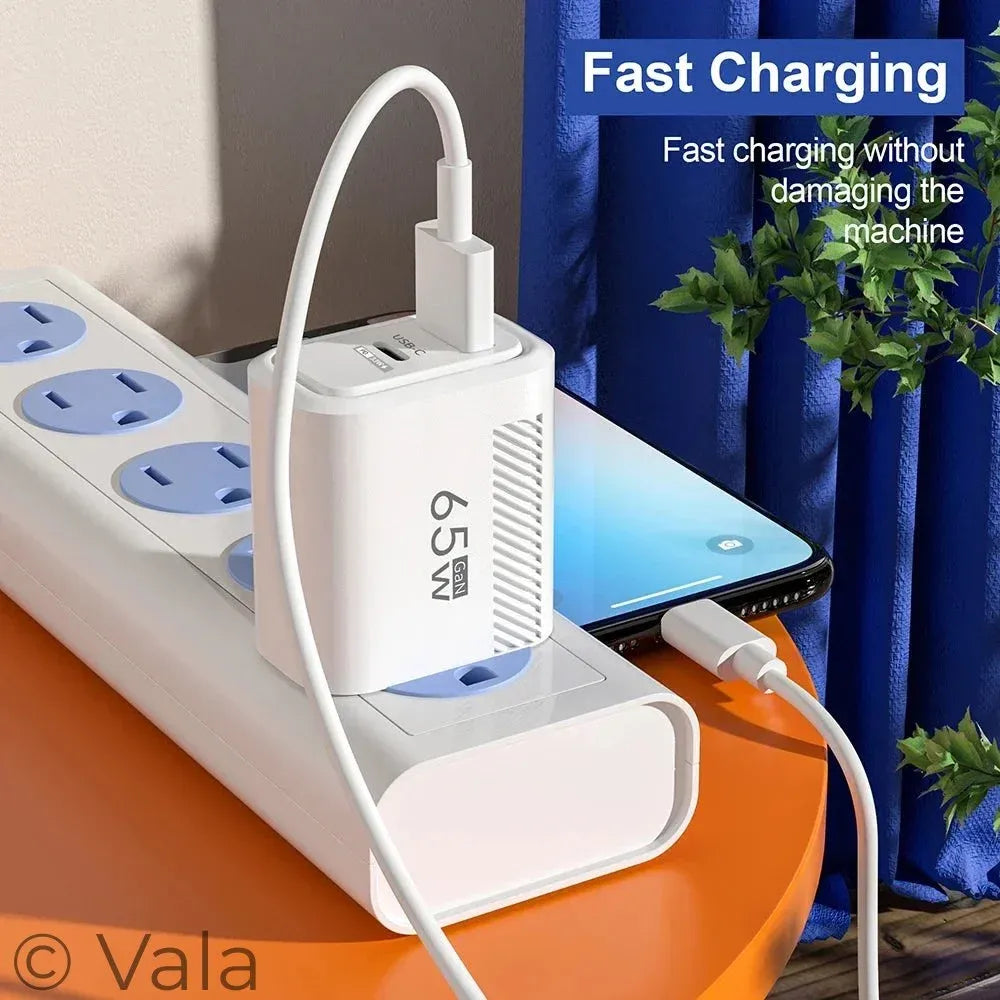 Power adapter with multiple sockets and a smartphone on an orange surface, with text about fast charging.