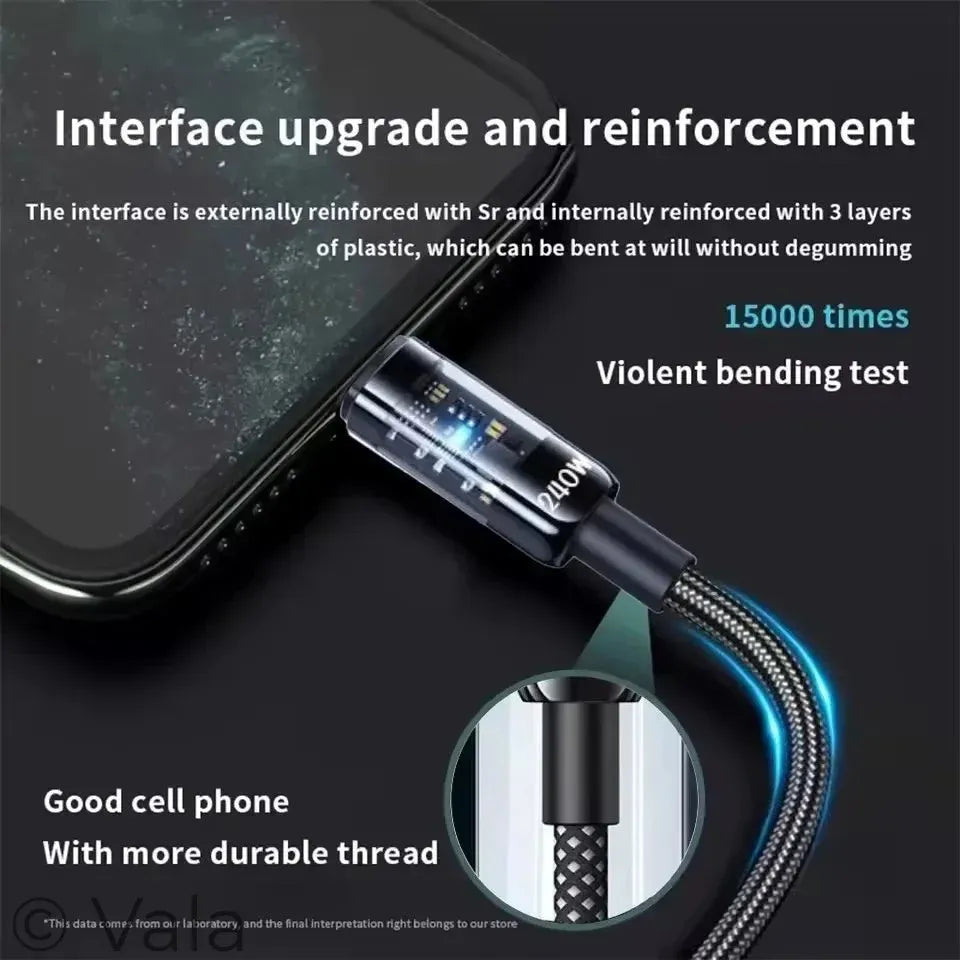 Phone cable with text about durability and bending test on a dark background