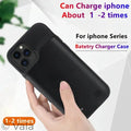 Black battery charger case for iPhone held by a hand with promotional text on a white background.