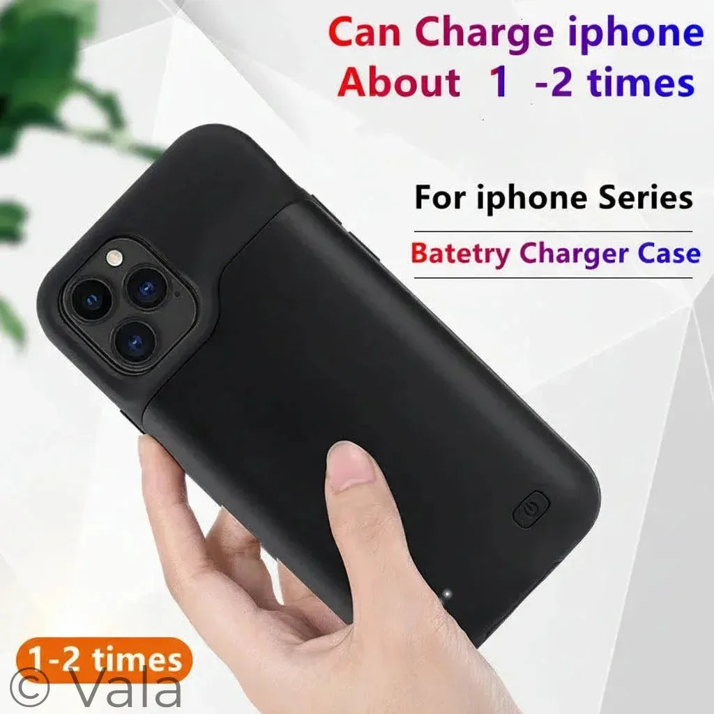 Black battery charger case for iPhone held by a hand with promotional text on a white background.