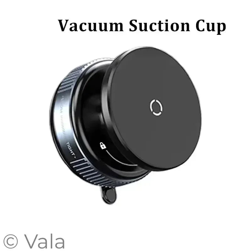 Black vacuum suction cup with text on a white background