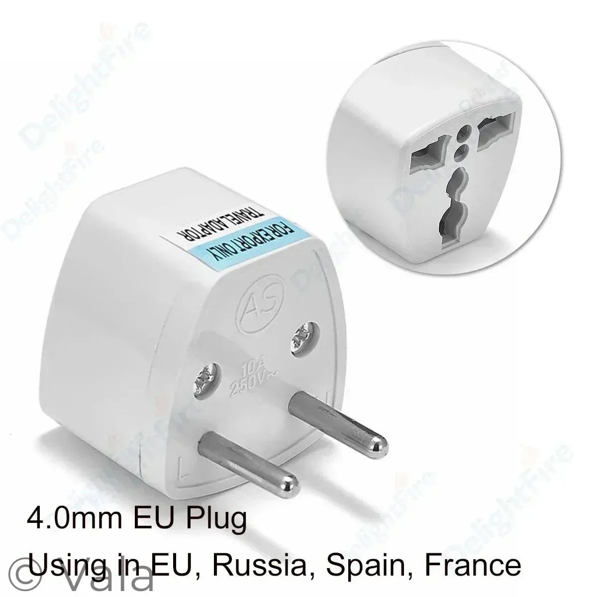 White travel adapter with 4.0mm EU plug on a white background